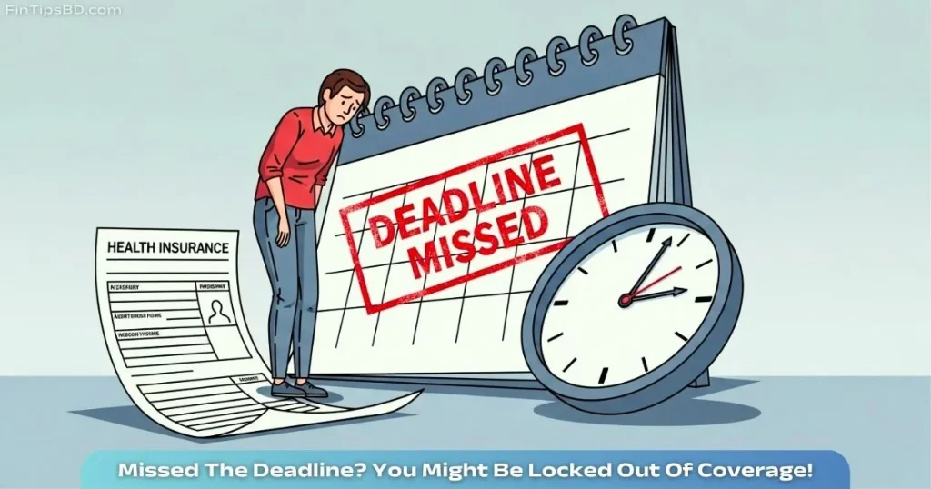 Vector illustration of a frustrated person standing in front of a large calendar marked 'Deadline Missed', with a clock ticking and a health insurance form lying crumpled — on a soft matte gray 3D background.