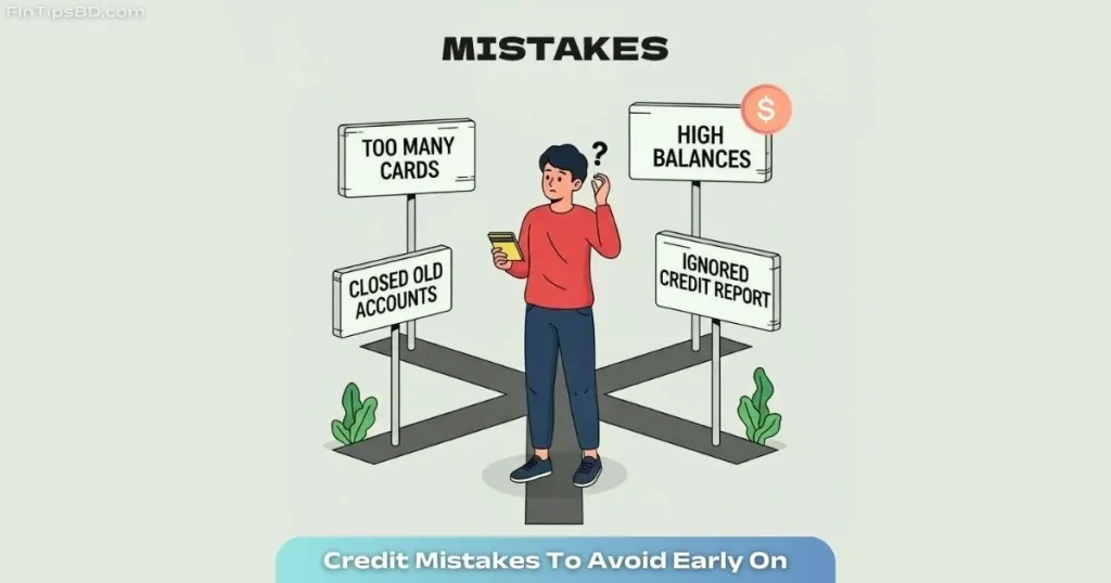 Vector illustration showing common mistakes to avoid when building credit, including applying for too many cards, carrying high balances, closing old accounts, and ignoring credit reports, with a young adult at a financial crossroads on a light matte gray 3D background.