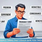A middle-aged vector character carefully reading insurance terms, with keywords like Premium, Deductible, Copayment, Coinsurance, Policy Limit, and Beneficiary floating around him, set against a modern, clean design with a light matte gray 3D background and easy-to-read text.