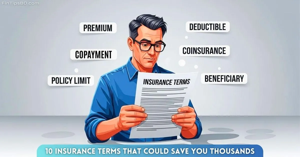 A middle-aged vector character carefully reading insurance terms, with keywords like Premium, Deductible, Copayment, Coinsurance, Policy Limit, and Beneficiary floating around him, set against a modern, clean design with a light matte gray 3D background and easy-to-read text.