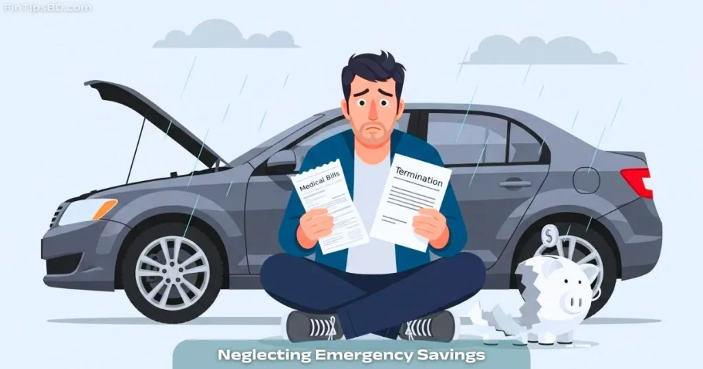 A worried person sitting next to a broken-down car, with an empty piggy bank, medical bills, and a job termination letter on the ground; vector art with a light matte gray 3D background.