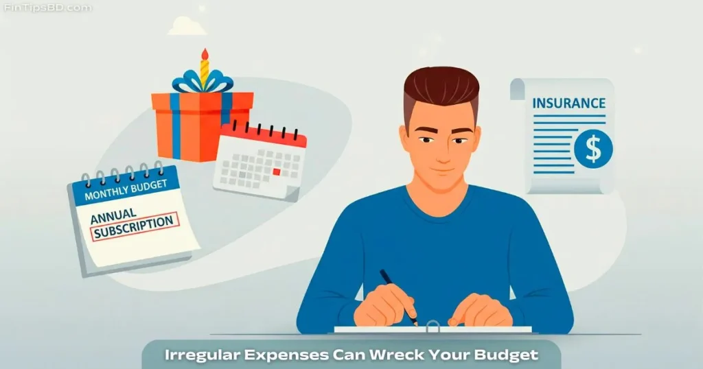 Vector art of a person budgeting monthly expenses while unexpected irregular costs like birthday gifts, subscriptions, and insurance appear behind them, on a light matte gray 3D background.