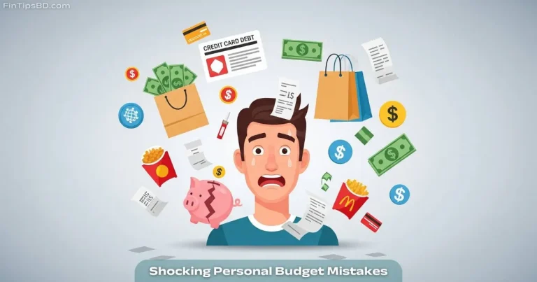 A modern vector illustration showing a stressed person surrounded by common personal budget mistakes like debt, overspending, and broken savings, with a clean light gray 3D background.