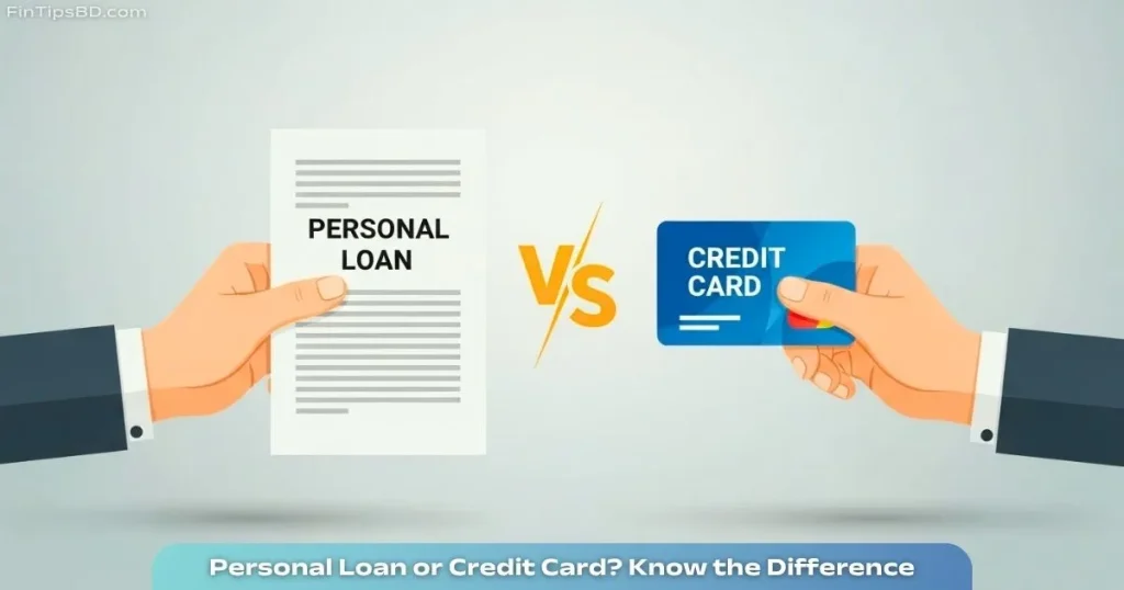 Clean vector illustration showing a side-by-side comparison of personal loans and credit cards with a clear “VS” icon, on a light matte gray 3D background.