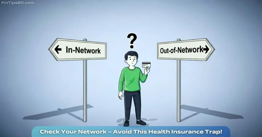 Vector illustration of a confused person standing between two hospital direction signs labeled 'In-Network' and 'Out-of-Network', holding a health insurance card, with question marks above their head — on a soft matte gray 3D background.
