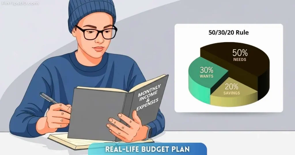 Real-life budget planning concept with 50/30/20 rule chart — managing monthly expenses vector art with light matte gray 3D background.