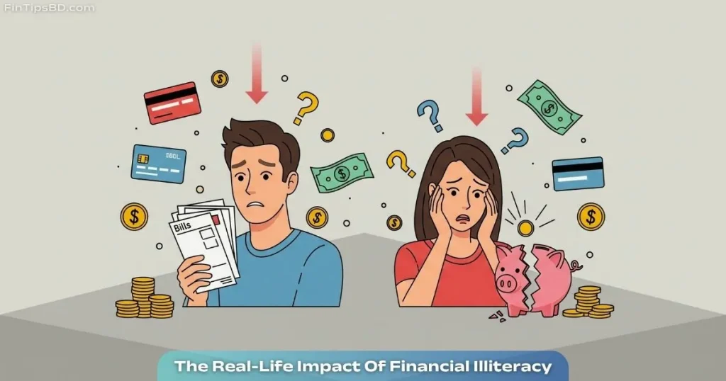 Illustration of financially confused people surrounded by credit cards, bills, and a broken piggy bank, symbolizing the impact of financial illiteracy on daily life.