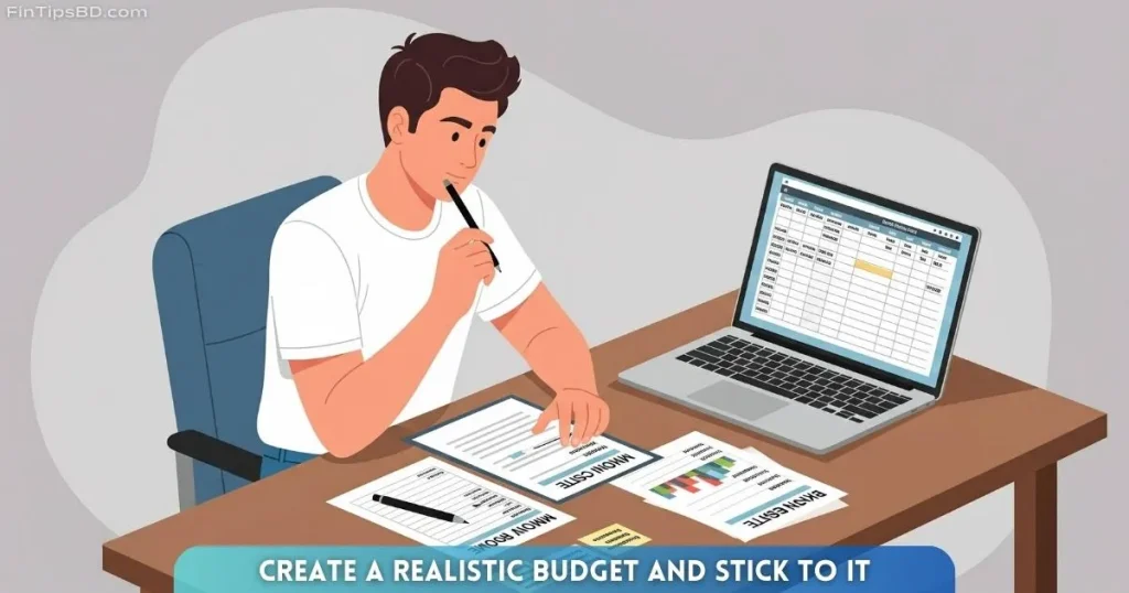 A person creating a monthly budget at a desk with notes, laptop, and pen on a light matte gray 3D background – vector art representing budgeting and financial planning.