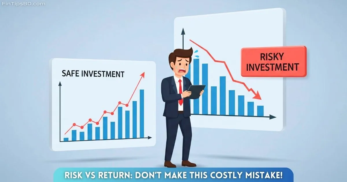 Vector art of a worried investor examining a falling graph and a risk board, with a balanced investment comparison beside it – representing the concept of risk and return in investing, on a light matte gray 3D background.
