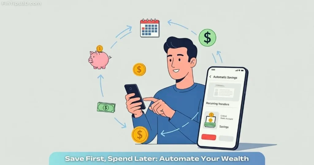 Vector art of a person automating regular savings with icons of a piggy bank, calendar, and dollar sign, illustrating the concept of saving regularly and automatically.