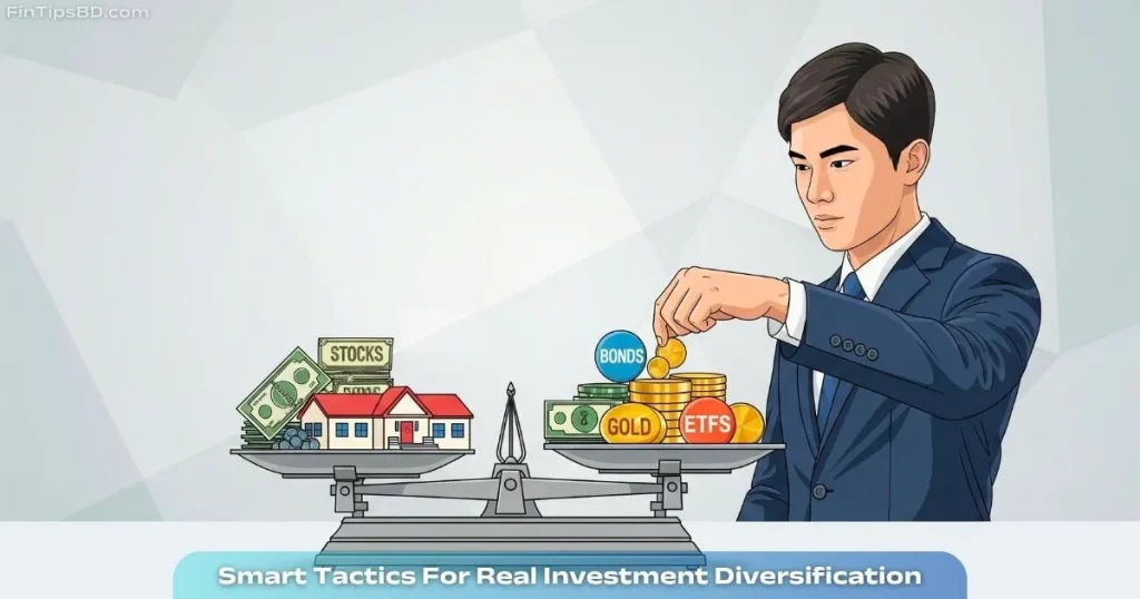 Vector art of a person building a balanced investment portfolio using diverse asset types, representing genuine investment diversification, on a matte light gray 3D background.