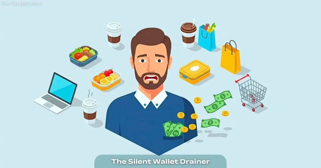 A vector illustration showing a person losing money due to daily small expenses like coffee, food, and online shopping, with a light gray 3D background.