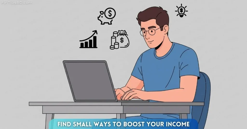 Vector art showing a person working freelance from home, selling unused items, and taking an online course, with a light matte gray 3D background, illustrating small ways to boost income.