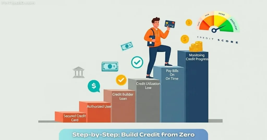 Step-by-step illustration showing how to build credit from scratch, with a person climbing labeled financial steps like secured cards and on-time payments, on a light matte gray 3D background.