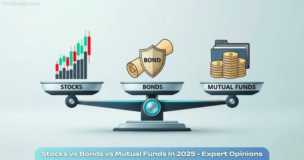 Vector illustration comparing Stocks vs Bonds vs Mutual Funds in 2025, showing modern financial symbols on a matte gray 3D background
