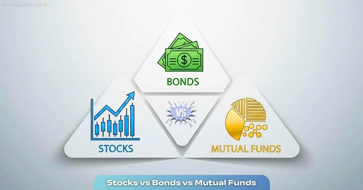 Vector art comparing Stocks vs Bonds vs Mutual Funds using modern finance icons on a light matte gray 3D background.