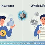 Vector illustration comparing Term Life vs Whole Life Insurance, showing a person confidently choosing term life and another regretting whole life, on a matte gray 3D background.