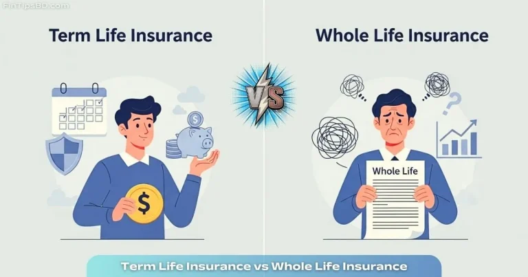 Vector illustration comparing Term Life vs Whole Life Insurance, showing a person confidently choosing term life and another regretting whole life, on a matte gray 3D background.