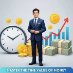 Colorful vector art showing the Time Value of Money concept: a smart person standing between a clock and a stack of money with an upward graph, symbolizing time, investment, and financial growth—all set against a modern light matte gray 3D background.