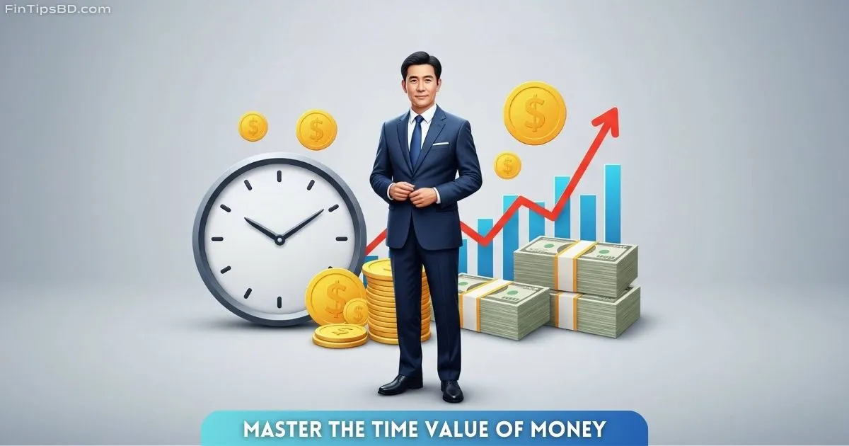 Colorful vector art showing the Time Value of Money concept: a smart person standing between a clock and a stack of money with an upward graph, symbolizing time, investment, and financial growth—all set against a modern light matte gray 3D background.
