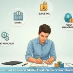 Vector art showing a person managing the top 10 personal finance skills with finance-related icons like budgeting, saving, credit, and investing, on a light matte gray background.