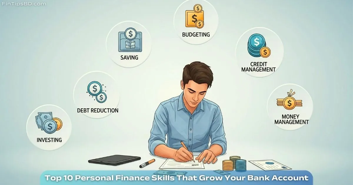 Vector art showing a person managing the top 10 personal finance skills with finance-related icons like budgeting, saving, credit, and investing, on a light matte gray background.