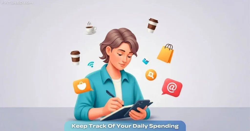 Vector illustration of a person tracking daily expenses with icons of small purchases around, on a light matte gray background.