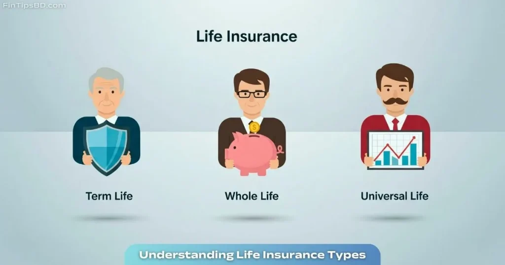 Vector art infographic illustrating three types of life insurance—Term Life, Whole Life, and Universal Life—using icons on a light matte gray 3D background.