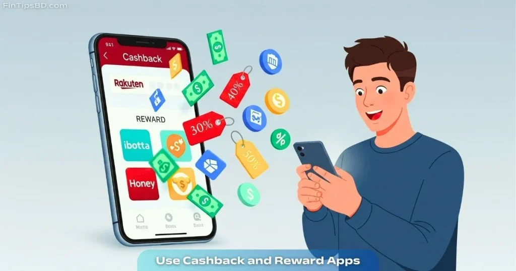 Vector art of a smartphone showing cashback and reward apps with icons of money back, discounts, and points rewards on a light matte gray 3D background.