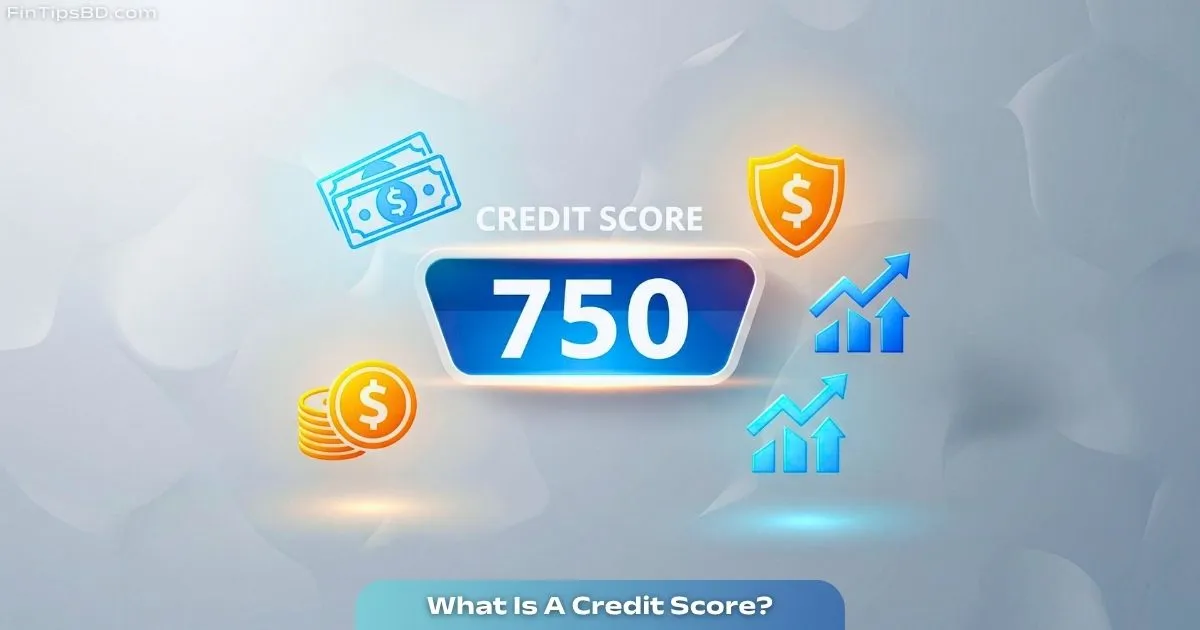 Vector art showing what is a credit score using a glowing 750 number with financial symbols like money, shield, and arrows on a light matte gray 3D background, illustrating its importance in saving money and gaining financial benefits.