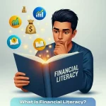 A young person studying financial literacy with icons of money, charts, and education floating around, on a light matte gray 3D background. The image represents what is financial literacy and its importance.