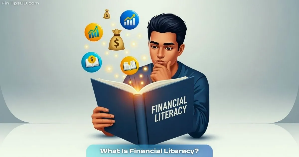 A young person studying financial literacy with icons of money, charts, and education floating around, on a light matte gray 3D background. The image represents what is financial literacy and its importance.