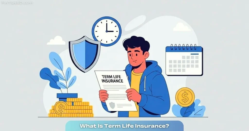 Vector illustration for "What Is Term Life Insurance?" showing a person reviewing a policy with icons of protection, savings, and time, on a matte gray 3D background.