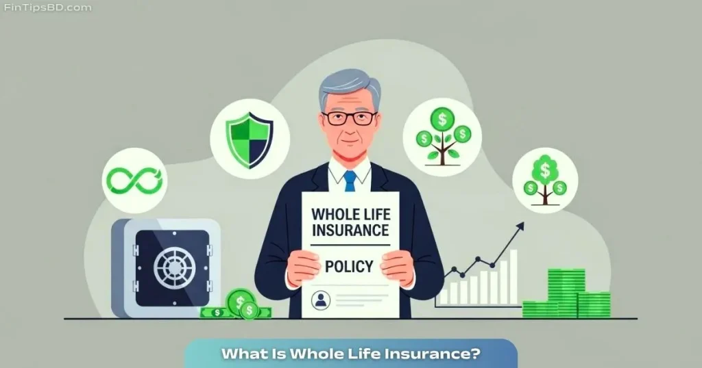 Vector illustration for "What Is Whole Life Insurance?" showing a person holding a policy with icons of lifetime protection, investment, and savings on a matte gray 3D background.
