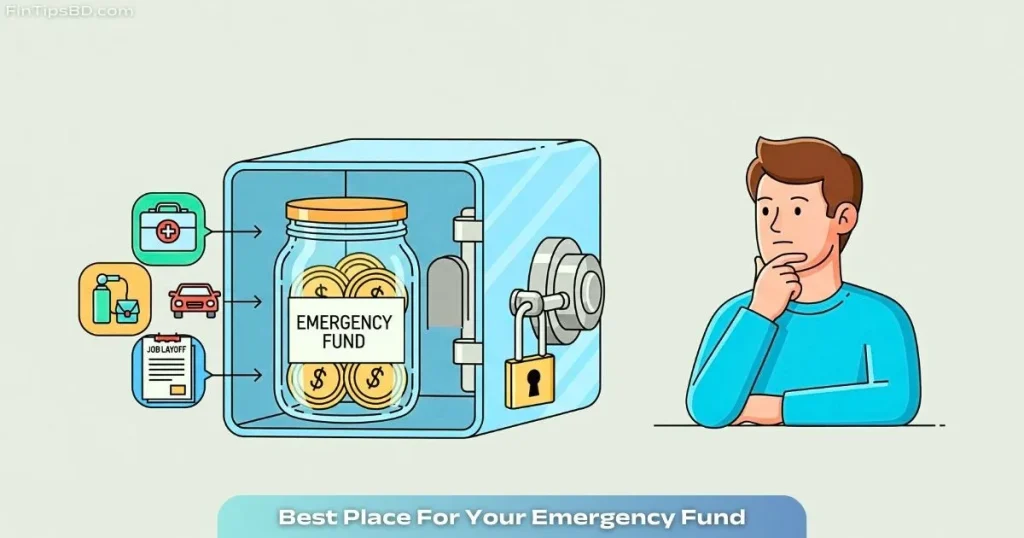Vector art of a clearly separated emergency fund stored securely in a transparent box, symbolizing accessibility, low risk, and separation — representing Where Should You Keep Your Emergency Fund?