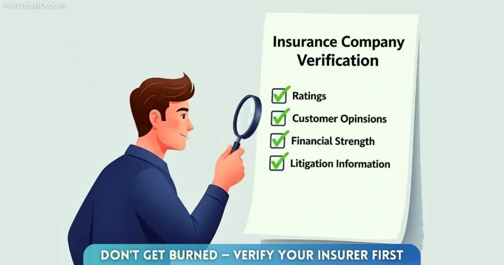Vector art showing a person examining a large checklist with a magnifying glass, verifying insurance company ratings, customer feedback, financial strength, and legal records against a light matte gray 3D background, representing the importance of background checks before buying insurance.