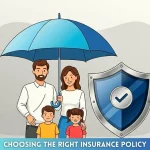 Modern vector art illustrating a family standing under a large umbrella symbolizing insurance protection, with a security shield beside them and a light matte gray 3D background, representing safety, financial security, and family care—perfect for the topic of choosing the right insurance policy in a clean, professional design.