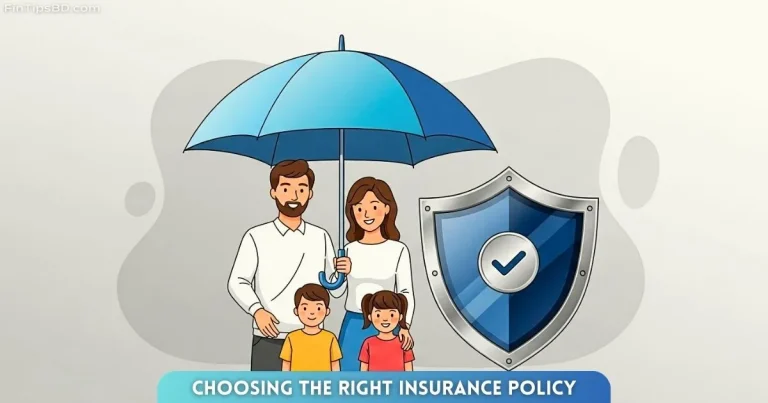 Modern vector art illustrating a family standing under a large umbrella symbolizing insurance protection, with a security shield beside them and a light matte gray 3D background, representing safety, financial security, and family care—perfect for the topic of choosing the right insurance policy in a clean, professional design.
