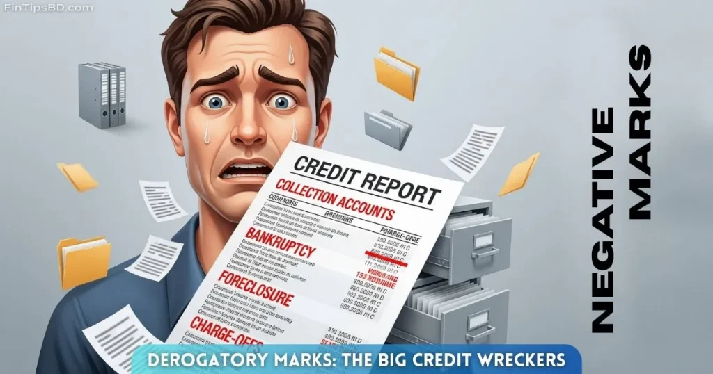 Vector illustration of negative credit report marks like bankruptcy, collections, and charge-offs shown with icons and a worried person, on a light matte gray 3D background.