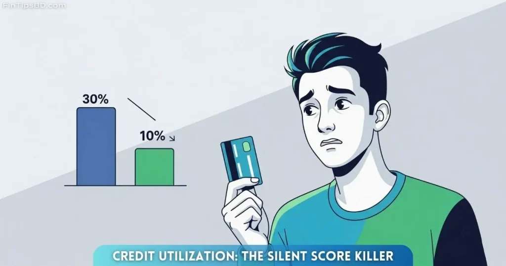 Vector art showing credit utilization with a worried person, a credit card, and a usage meter highlighting 30% and 10% levels on a matte light gray 3D background.