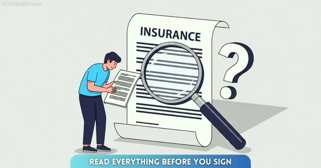 Vector art showing a person carefully reading an oversized insurance policy document with a magnifying glass and question mark symbols, set against a light matte gray 3D background—highlighting the importance of reading the fine print before buying insurance.
