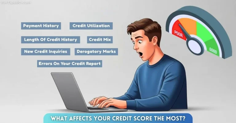 Vector illustration showing what affects your credit score the most. A surprised man looks at his laptop while a credit score meter points to 'Poor'. Key factors like Payment History, Credit Utilization, Length of Credit History, Credit Mix, New Credit Inquiries, Derogatory Marks, and Errors on Your Credit Report are labeled above. Light matte gray background.